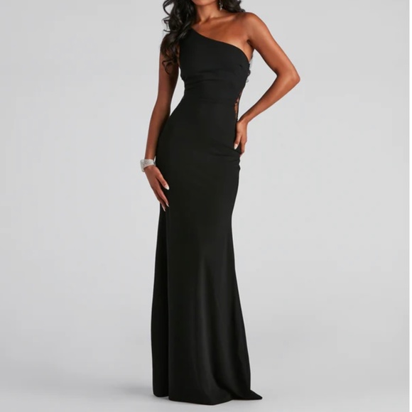 Mystic L.A. Sexy Gown One shoulder Lace Maxi Black dress Size L - Picture 1 of 16